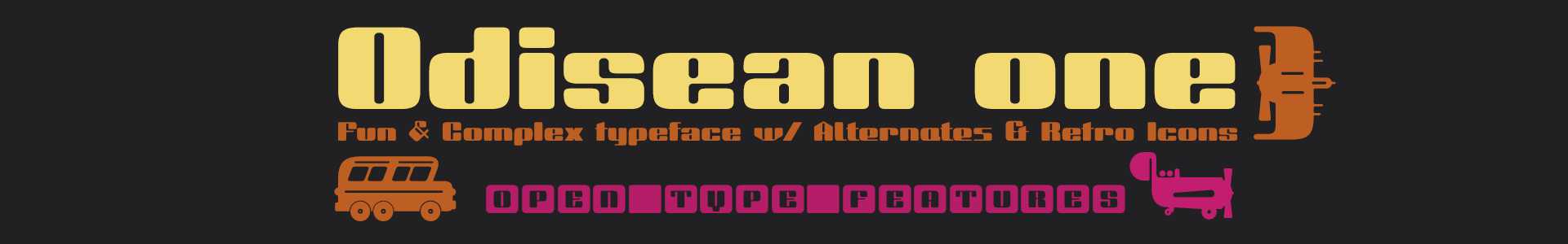 Odisean One: Fun & complex typeface w/ alternates & retro icons